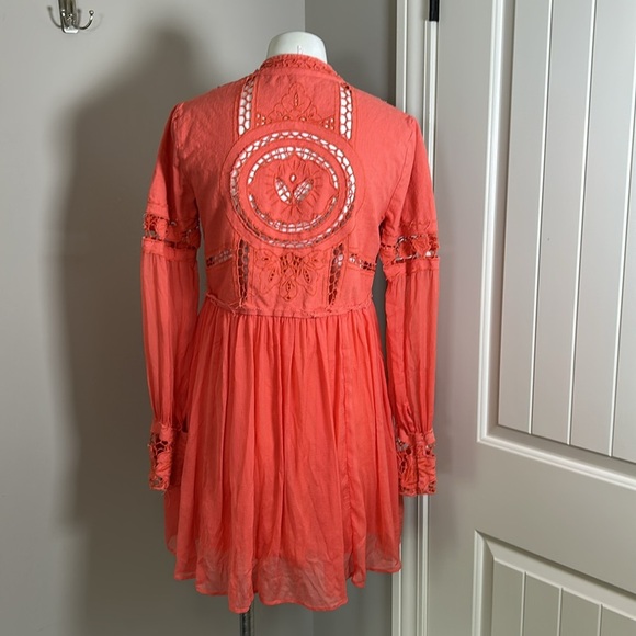 Free People In Dreamland Dress Coral Long
Sleeve Mini Cut Out Vneck Sz 4 - Picture 6 of 15